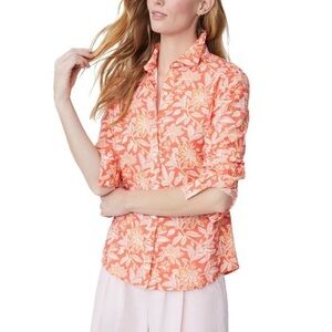 J. McLaughlin Lois Linen Blend Classic Blouse Shirt in Orange Coral Print Size L